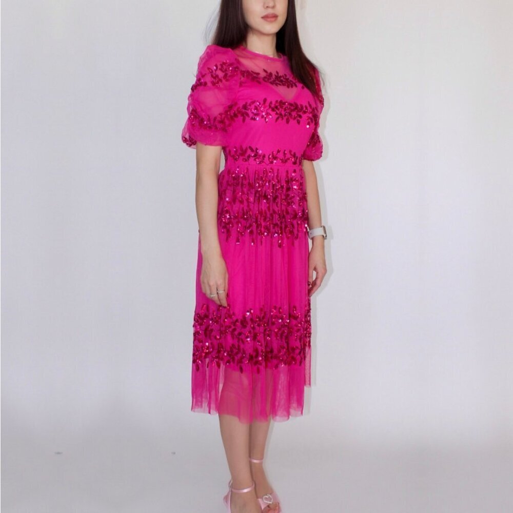 Sequin Hot Pink Midi Spring Dress - Picture 6 of 6
